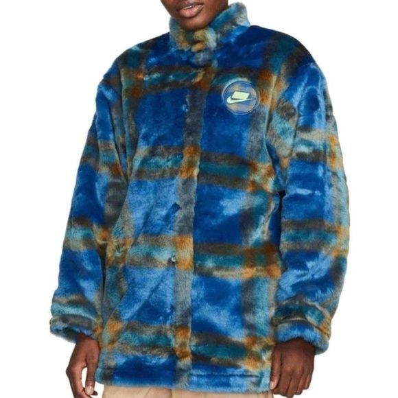Nike Jackets & Blazers - Nike Sportswear Women Green Blue Plaid Faux Fur Jacket DD4541-476 Size Small
